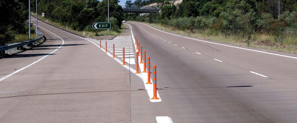 Flexible bollards on a highway exit