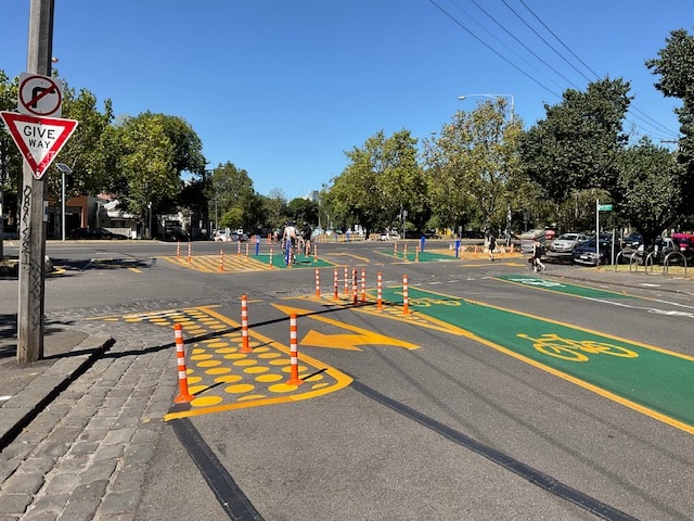 A roadside with lane flex bollards