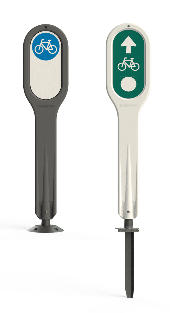 Grey and white dura-post bike lane sign markers