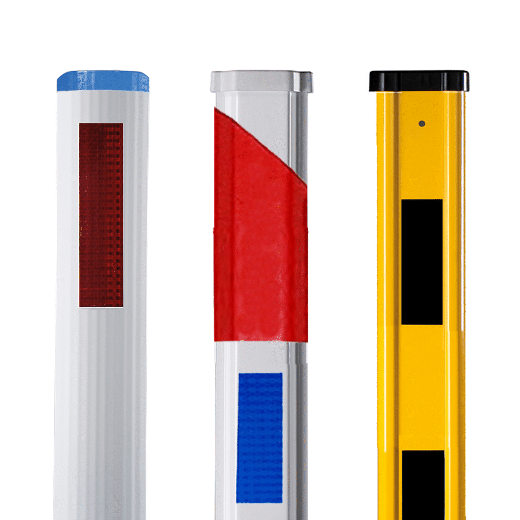 Range of three asset or utility marker posts with reflective markings