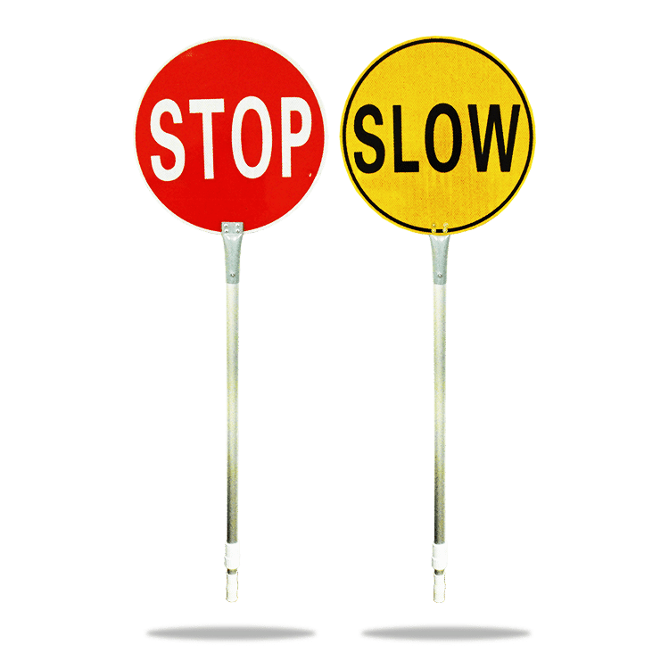 Two stop and slow signs used for traffic management