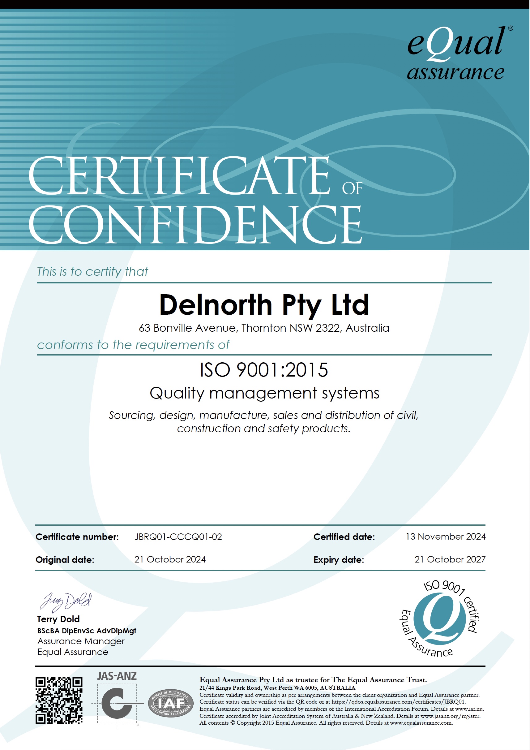 Certificate of Confidence Delnorth ISO 9001:2015
